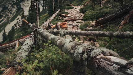 Fototapeta premium A scenic view of a forest trail featuring fallen logs and lush greenery, with rocky terrain and trees in the background, showcasing the beauty of nature.