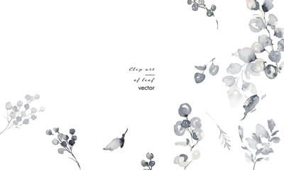 水彩画。水彩タッチの手描きの草木。ホテルライクイメージのモノクロ草木イラスト。グレージュの葉っぱイラスト。ハーブ。高級感。Watercolor painting. Hand painted plants and trees with watercolor touch. Monochrome grass and trees illustration with hotel-like image. 