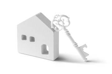 白い家の模型と鍵。マイホーム、借家、ホームセキュリティなどのコンセプト