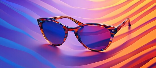 Tortoise shell sunglasses with blue and purple lenses on a colorful background.