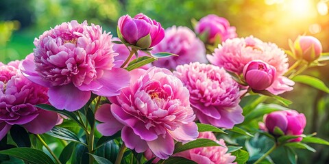 A Close-Up View of Delicate Pink Peonies in Full Bloom, Captured in a Garden Setting, with Sunlight Filtering Through the Lush Foliage