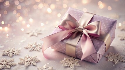 A Festive Gift Wrapped in Delicate Pink Paper with a Satin Bow and Surrounded by Glittering Snowflakes and Warm Lights