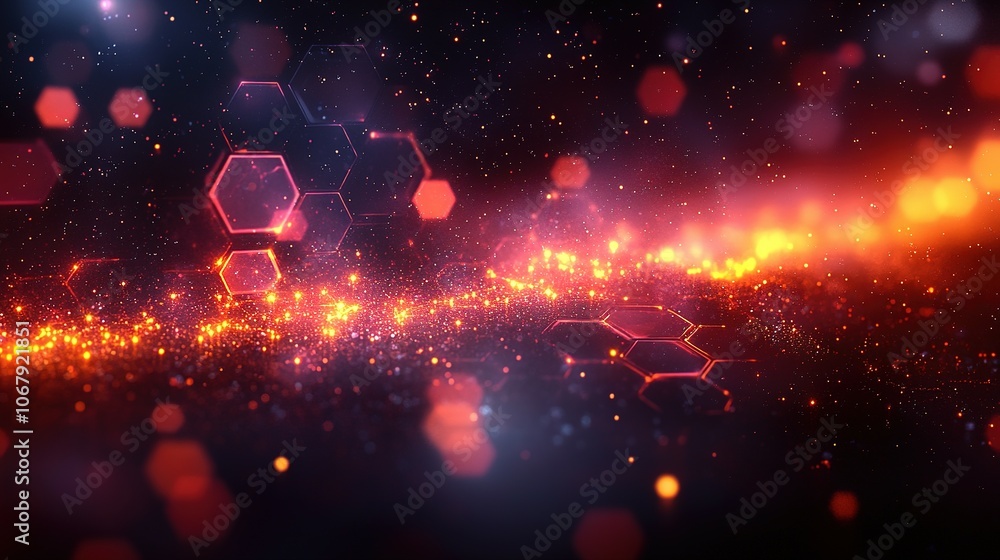 Poster abstract red and orange glowing hexagon pattern with sparkle dust