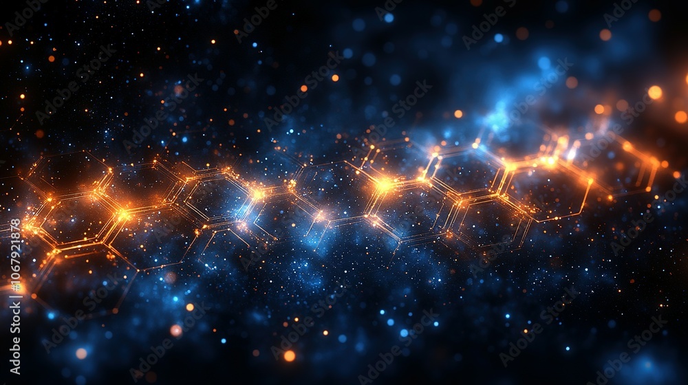 Poster abstract hexagon network with glowing lights and bokeh