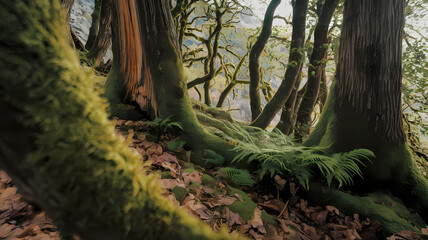Obraz premium Lush forest scene featuring moss-covered trees, ferns, and a carpet of leaves, creating a serene and inviting atmosphere in a vibrant woodland setting. Perfect for nature lovers.