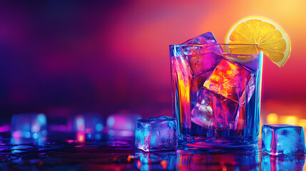 Colorful neon cocktail with ice cubes and lemon slice. futuristic vibrant drink for nightlife and party themes. Neon. Illustration