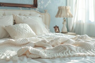 A close up shot of the plush, white knit blanket on an elegant bed with soft pillows and a vintage bedside lamp in a bedroom decorated in light blue tones