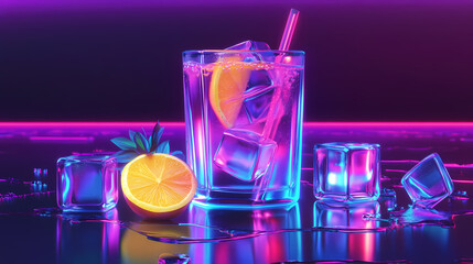 Colorful neon cocktail with ice cubes and lemon slice. futuristic vibrant drink for nightlife and party themes. Neon. Illustration