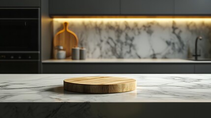 Wooden Cutting Board on a Marble Kitchen Countertop