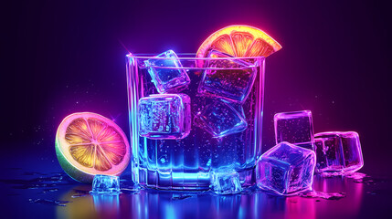 Colorful neon cocktail with ice cubes and lemon slice. futuristic vibrant drink for nightlife and party themes. Neon. Illustration