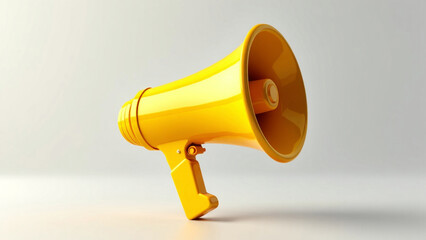 Yellow megaphone on white background, symbolizing loud communication and announcements
