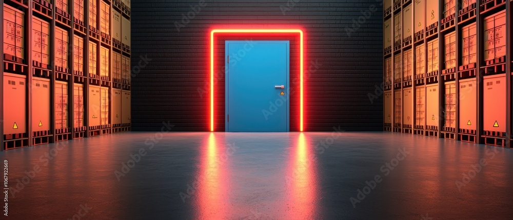 Poster a dimly lit space featuring a blue door outlined in neon lights, surrounded by storage containers, c
