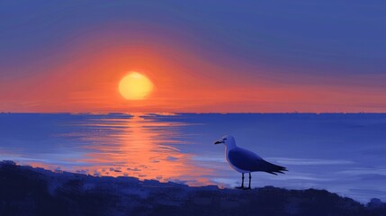 Serene Sunset at Desolate Beach with Lone Seagull