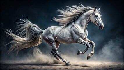 Obraz premium A Majestic White Horse With a Flowing Mane and Tail, Leaping Through a Cloud of Dust, Captured in a Moment of Unbridled Freedom