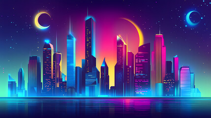 Futuristic cityscape with neon lights in a cyberpunk environment. Neon. Illustration