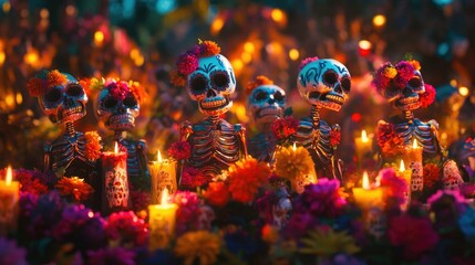 A group of colorful Day of the Dead sugar skeletons surrounded by flowers and candles in San Miguel De Allende, capturing the essence of Mexican culture and tradition