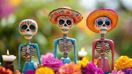Fototapeta premium A group of colorful Day of the Dead sugar skeletons surrounded by flowers and candles in San Miguel De Allende, capturing the essence of Mexican culture and tradition