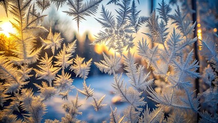 Delicate Frost Patterns Glimmering in Golden Sunlight, a Window to the Enchanting World of Winter's Embrace