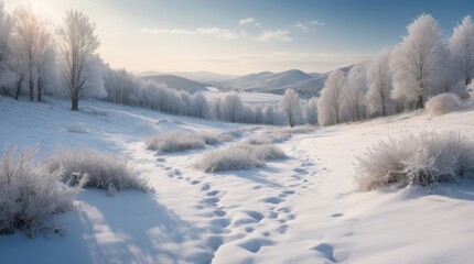 Snowy winter landscape with frosted trees and distant mountains