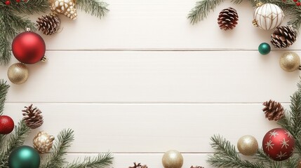 A joyful holiday scene with a Christmas toy frame featuring red, green, and gold baubles, fir tree pine cones, and delicate ornaments on a clean white wooden background