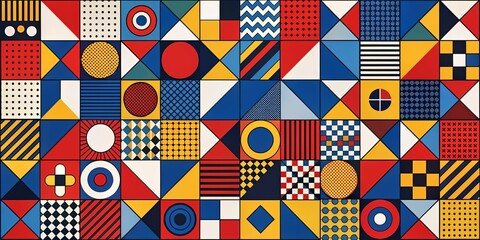 Obraz premium A vibrant and playful mosaic of geometric shapes in bold primary colors, creating a dynamic and visually stimulating abstract pattern.