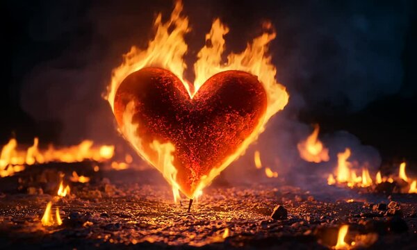 red burning heart with fire flame on the background of the heart