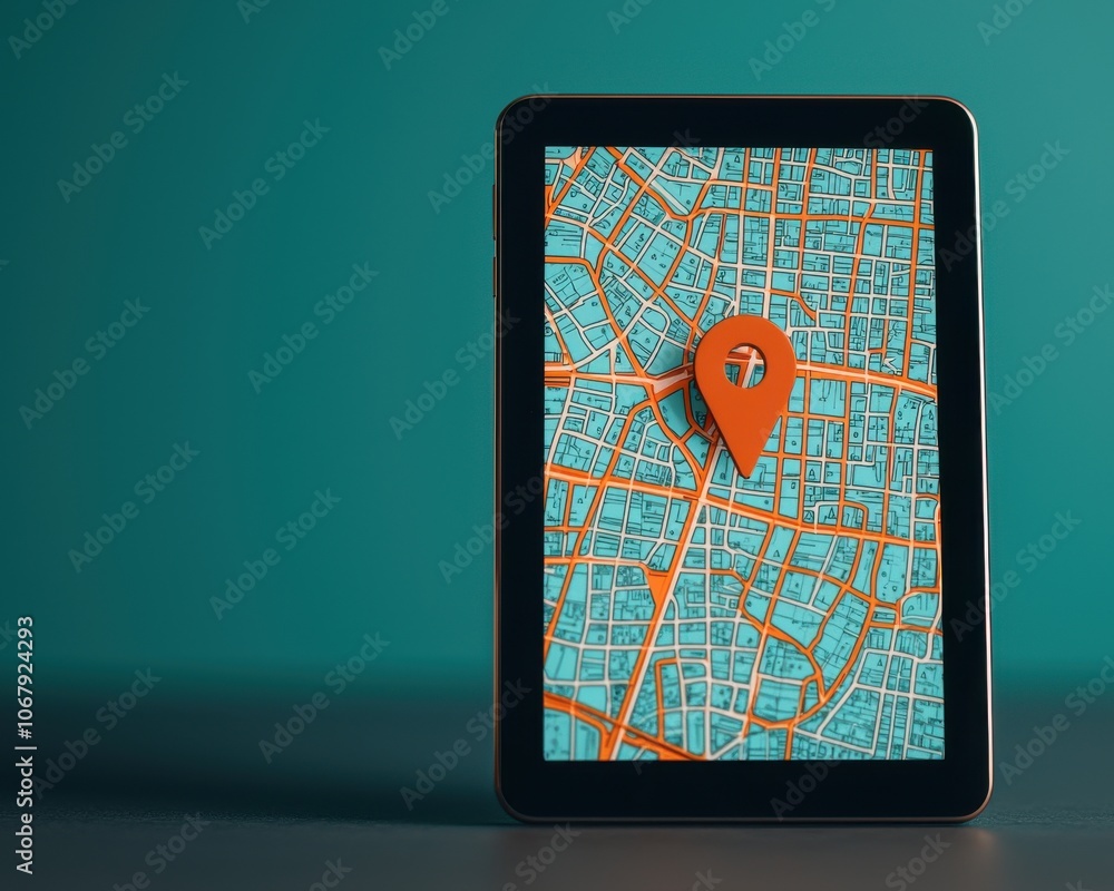Poster a vibrant tablet displays a colorful map with a prominent location pin, symbolizing navigation and l