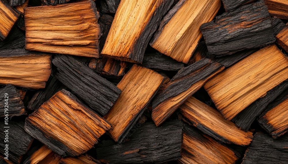Poster a close-up of stacked pieces of wood showing a mix of light and dark colors, emphasizing texture and