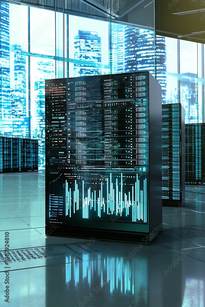 Poster a computer server room with a large monitor on the wall