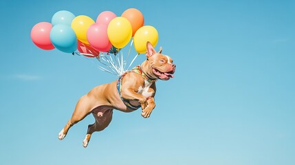 Dog flying with colorful balloons against a blue sky.
