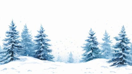 Naklejka premium Snowy Landscape Watercolor Illustration with Tall Pine Trees Arranged in a Peaceful Winter Wonderland Scene.