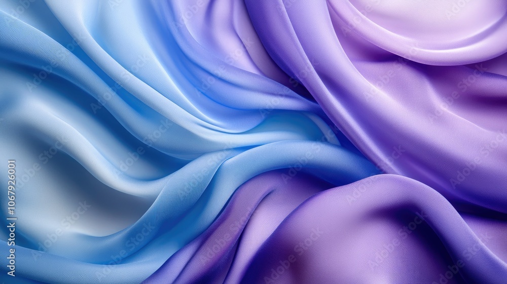 Poster An elegant and dynamic swirl of blue and purple fabric layers, in a 3D rendering that conveys fluid motion and soft textures, creating an immersive, abstract visual experience