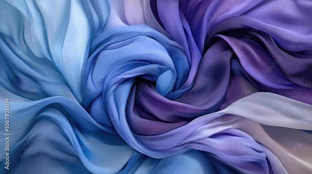 Poster An elegant and dynamic swirl of blue and purple fabric layers, in a 3D rendering that conveys fluid motion and soft textures, creating an immersive, abstract visual experience