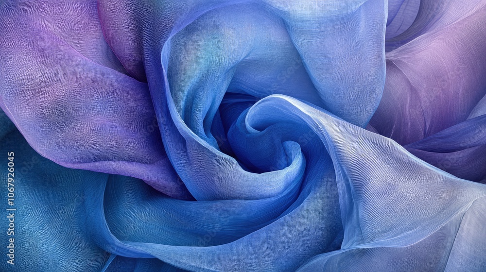 Poster An elegant and dynamic swirl of blue and purple fabric layers, in a 3D rendering that conveys fluid motion and soft textures, creating an immersive, abstract visual experience