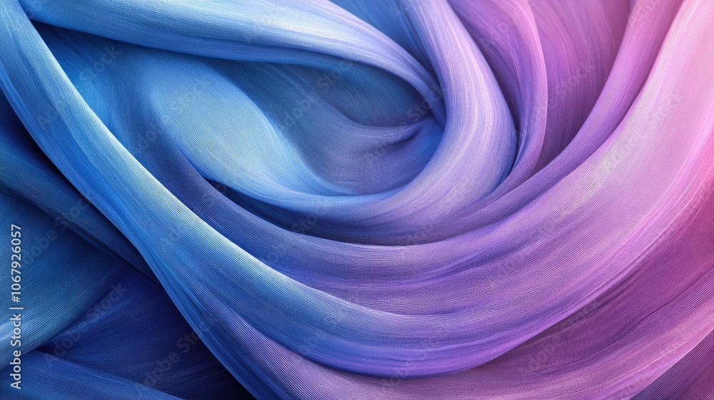 Poster An elegant and dynamic swirl of blue and purple fabric layers, in a 3D rendering that conveys fluid motion and soft textures, creating an immersive, abstract visual experience