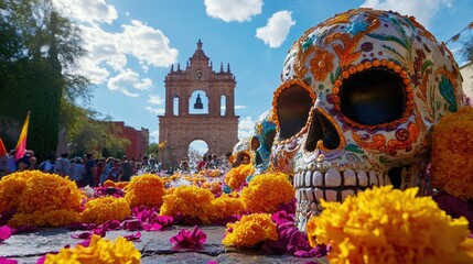 Obraz premium An artistic display of sugar skulls, part of the de los Muertos celebration in San Miguel De Allende, with vibrant colors and ornate designs celebrating life and death