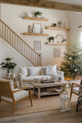 Cozy living room featuring a white sofa with striped pillows, wooden shelves, a decorative Christmas tree, plants, and a warm color palette, perfect for seasonal decor inspiration.