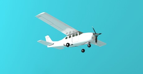 Small propeller airplane in blue background. Isolated small airplane over blue background	