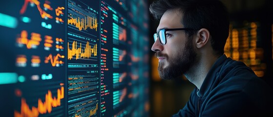 A focused individual analyzes data represented on a digital screen, illustrating concepts of data analysis and technology.