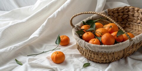 A wicker basket overflowing with bright orange mandarins, nestled in a soft, white fabric, with a few scattered mandarins and leaves nearby.