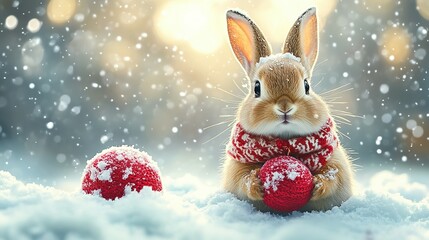 A Cute Brown Rabbit Holding a Red Ornament in the Snow