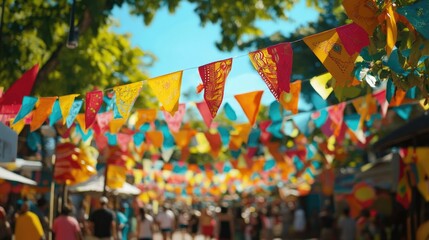 Colorful flags and traditional decorations fluttering in the breeze at a lively street festival, showcasing a blend of vibrant hues and festive energy