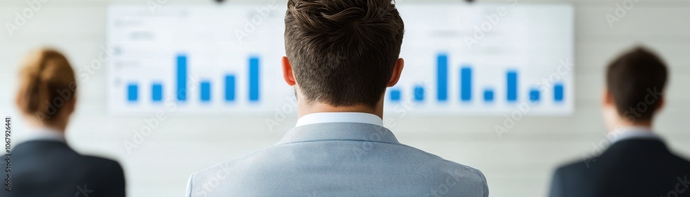 Poster a professional setting with individuals observing graphical data presentations, emphasizing analysis