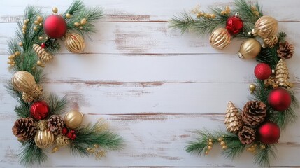 Elegant Christmas toy frame with gold, red, and green decorations, pine cones, and fir tree sprigs arranged around a rustic white wooden surface, ideal for holiday greetings