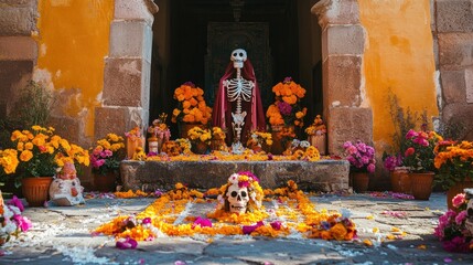 Obraz premium Festive Day of the Dead sugar skeletons with bright colors and symbolic decorations, celebrating the rich traditions of de los Muertos in San Miguel De Allende, Mexico
