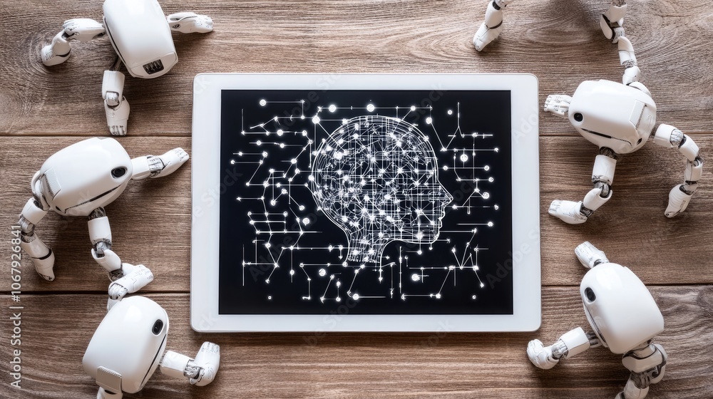 Poster robots analyzing digital brain concept on tablet