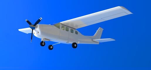 Small propeller airplane in blue background. Isolated small airplane over blue background	
