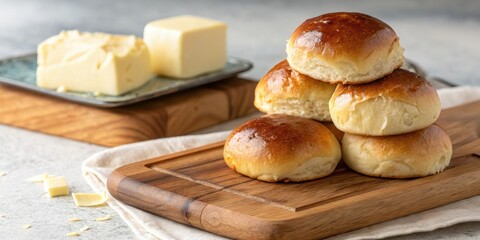 A stack of soft, golden brown buns on a wooden cutting board, with a blurred background of butter in a dish