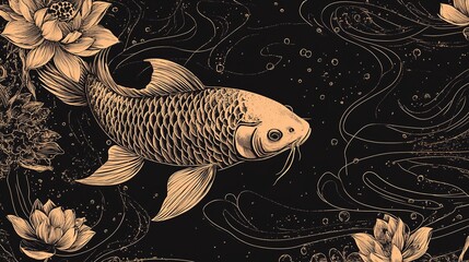 Elegant illustration of a koi fish surrounded by lotus flowers.