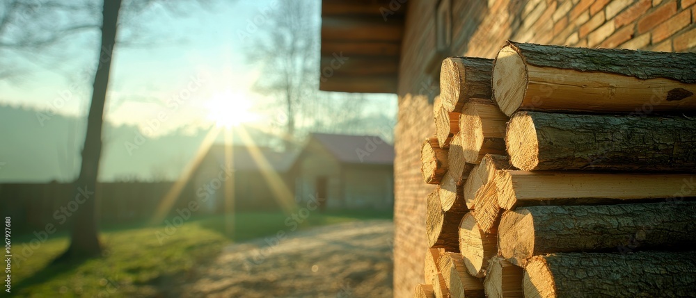 Poster a stack of logs beside a rustic building in a serene landscape, illuminated by the soft glow of sunr
